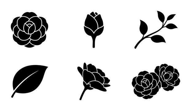 Black Camellia Flower Icons Set, Vector Botanical Elements, Floral Silhouette Graphics, Elegant Simple Nature Symbols