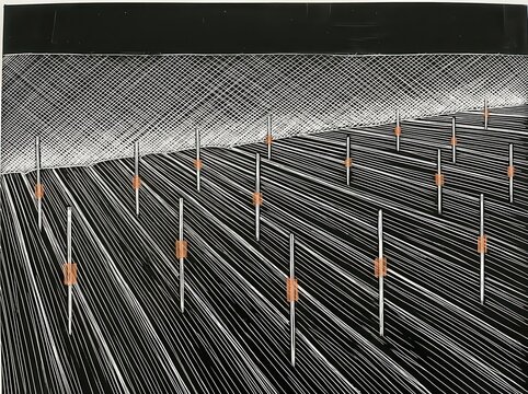 Diagonal Crop Rows with Irrigation Stakes in an Abstract Farm Landscape