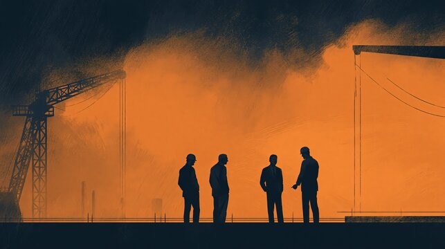 Three businessmen discussing strategy during a challenging economic period. Businessmen analyzing critical issues against a backdrop of industrial decline or environmental concern