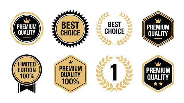 Premium Quality Badge Icons with Golden Seals, Best Choice Labels, Limited Edition Marks, and Guarantee Emblems for Luxury Branding, Product Packaging, Marketing, Retail, and Promotion