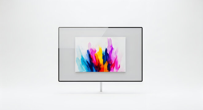 A computer monitor displaying a vibrant abstract painting