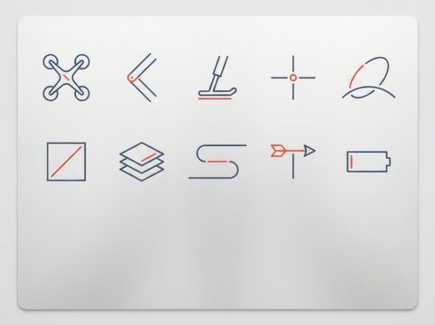 Minimal line icons on white board with modern UI symbols and copy space