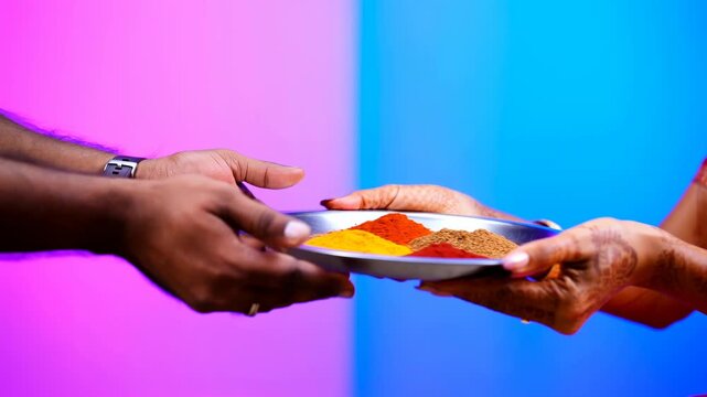 Hands passing shallow metal plate filled with colorful spice powders across bold magenta and cyan backdrop, creating vivid contrast and culinary texture in close view