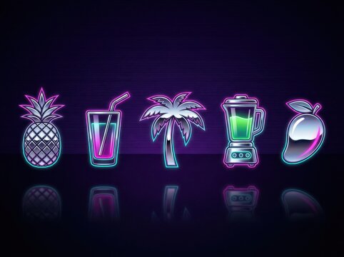 Neon tropical icons set with pineapple drink palm tree and mango
