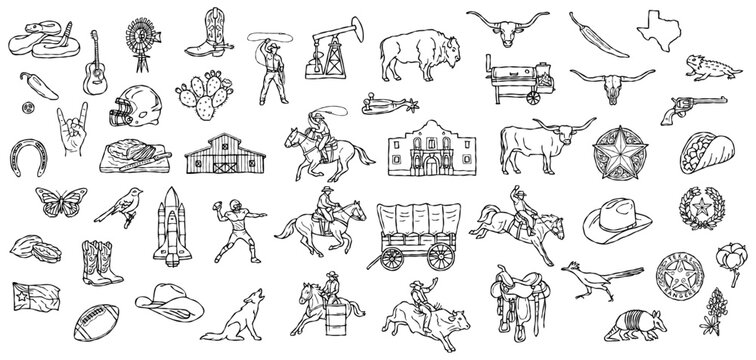 Texas hand drawn doodle design elements isolated on white background.