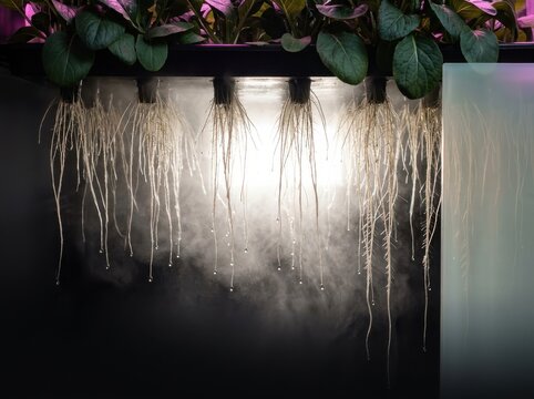 Backlit plant roots in mist with dramatic botanical interior light