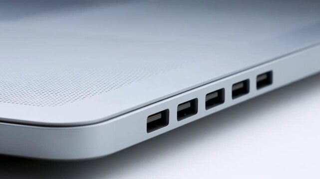 Rotating laptop side view on clean white background showing matte surface, visible ports, perforated top cover, sleek modern design and cool studio lighting for technology showcase