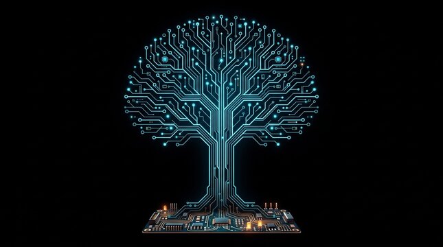 Digital circuit board tree representing technology and artificial intelligence
