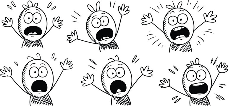 Scared doodle character set, frightened cartoon boy icon, hand drawn panic man illustration, sketchy funny emotional vector graphics for infographics