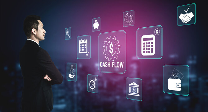 Businessman Analyzing Cash Flow Concept with Digital Icons of Finance, Investment, and Financial Growth in Urban Setting at Night. Glyphic.