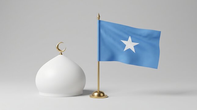 Somalia flag on golden desk pole next to white mosque dome symbol for religious and national representation