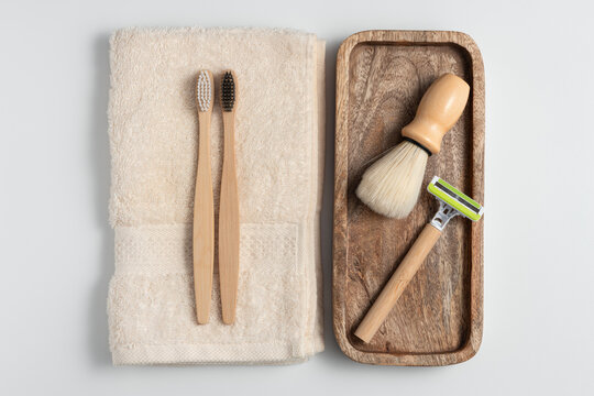 Zero waste men shaving kit with bamboo razor toothbrushes and towel