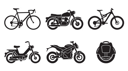 Bicycle Motorcycle Two-Wheel Transportation Silhouettes Set, Black silhouette transport symbols, Vehicle vector elements for urban mobility and travel, mobility, travel, bike, motorbike, moped. © MasterTech