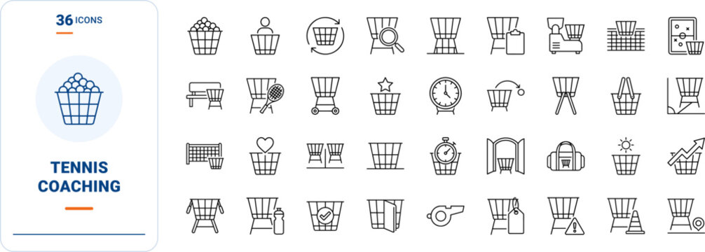 Ball Hopper Coaching Session Web Icon Set in Linear Style. Collection of Tennis Training line icons, including drill practice, court lesson, instructor feed, equipment pickup, stroke exercise.