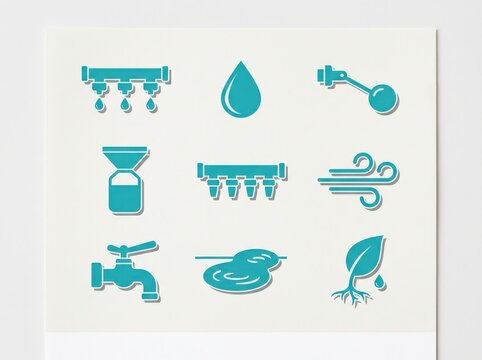 Water conservation icon set with drops taps and leaf
