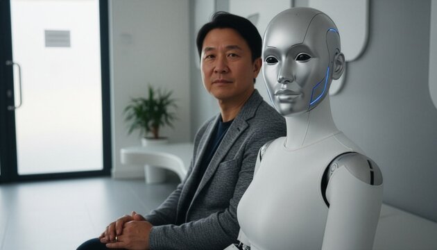 An Asian businessman sitting next to a futuristic humanoid robot with white and silver casing in a modern office lobby, conceptualizing artificial intelligence and human cooperation.