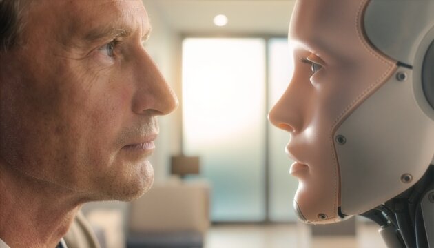 Extreme close up profile of a mature man looking face to face with a realistic humanoid robot in a bright interior background, conceptualizing artificial intelligence and future connection.