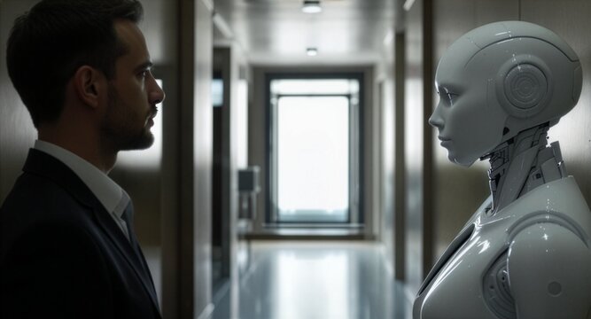 Side profile view of a businessman standing face to face with a white humanoid robot in a modern blurred corridor background, conceptualizing artificial intelligence ethics and future tech