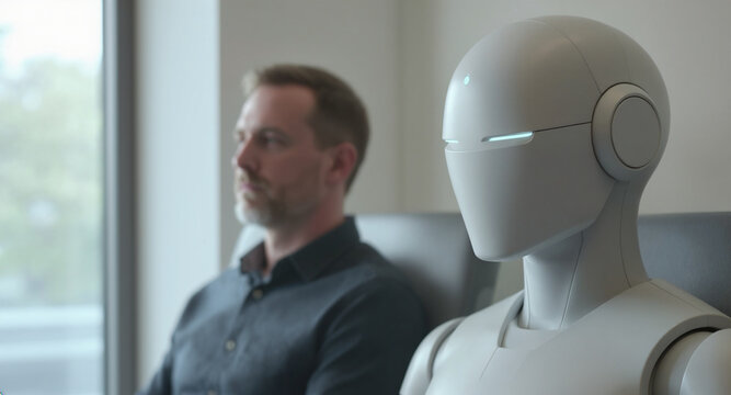Close up of a sleek white humanoid assistant robot with a glowing visor sitting next to a blurred businessman in a modern office, conceptualizing artificial intelligence in the workplace.