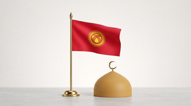 Small Kyrgyzstan flag on gold desk pole standing next to gold Islamic mosque dome on marble surface representing national pride and religious culture