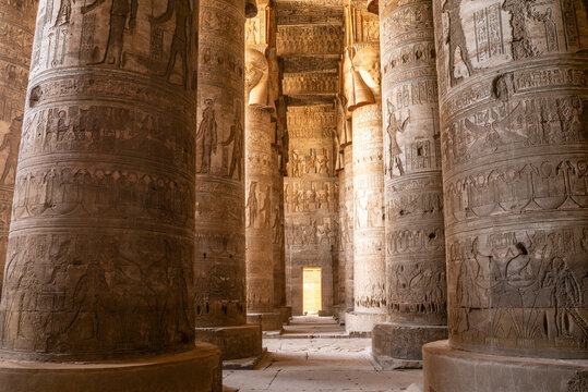 Hieroglyphs on tall columns in the Temple of Seti I, Abydos, Upper Egypt, Egypt