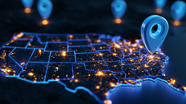 A glowing digital map of the United States with location pins. Represents logistics, travel, and connectivity concepts.