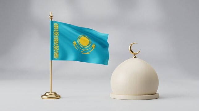 Kazakhstan flag on golden flagpole next to white mosque dome 3d composition