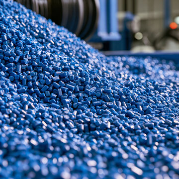 Elegent photo of Blue plastic polymer granules piled in an industrial manufacturing facility. This material is used for sustainable plastic production and global recycling.