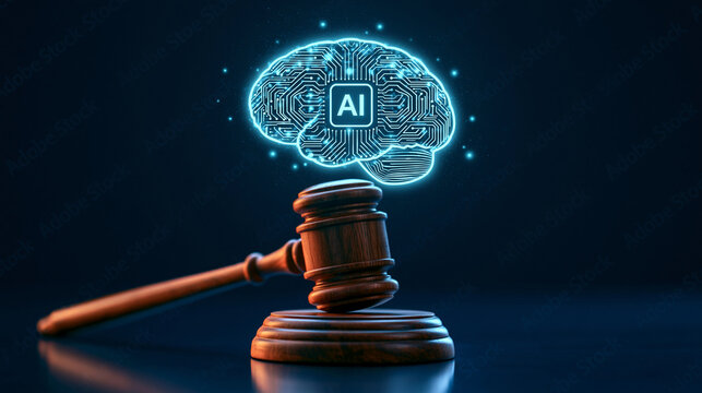 A digital AI brain hovering above a judge's wooden gavel. Represents legal regulation and ethical governance of.