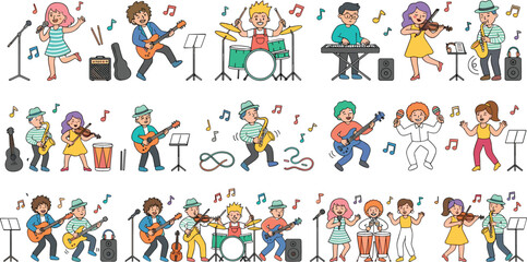Fototapeta premium Cute Kids Music Band and Musical Performance Character Set with Singing, Dancing, Guitar, Drums, Saxophone, Violin, Keyboard, and Concert