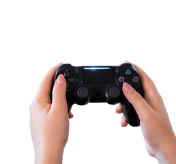 Hands holding video game controller PNG isolated on transparent background, gamer hands with gamepad for gaming and entertainment designs © Iryna