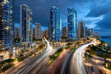 Fototapeta premium Cityscape with Light Trails at Dusk