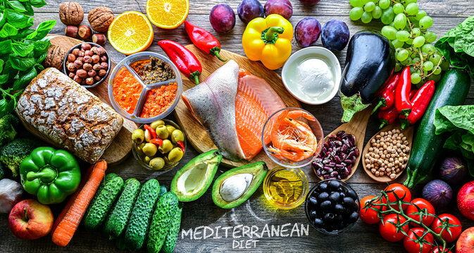 Food products representing the Mediterranean diet