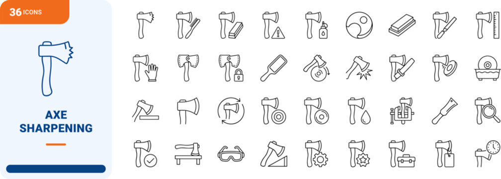 Axe Sharpening Web Icon Set in Linear Style. Collection of Blade Maintenance line icons, including whetstone, grinding, edge restoration, honing, safety, polishing.