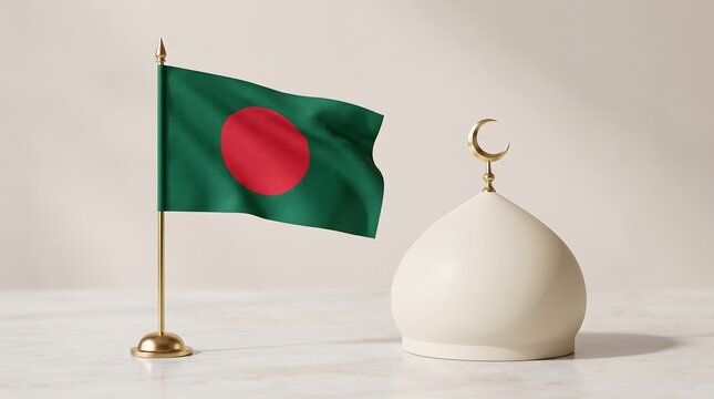 Bangladesh flag on golden pole with white mosque dome on marble surface representing Islamic culture and national identity in 3D render