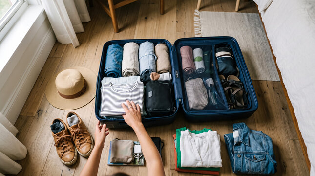 Person packing clothes into a suitcase for travel preparation and vacation organization