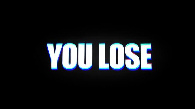 You Lose Text Animation with Glitch Distortion Effect on Black Background Retro Video Game Defeat Screen with Chromatic Aberration for Gaming Content Streaming Overlays and Failure Concept Videos