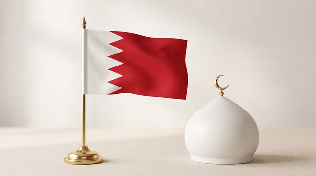 Bahrain flag on golden pole with white mosque dome on wooden surface representing Islamic culture and national identity in 3D render