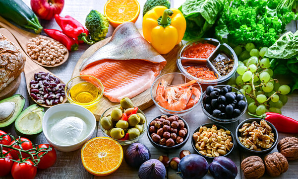Food products representing the Mediterranean diet