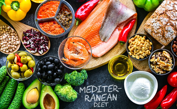Food products representing the Mediterranean diet