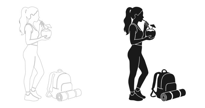 Sporty Woman Drinking Coconut Water Beside Backpack and Yoga Mat Vector