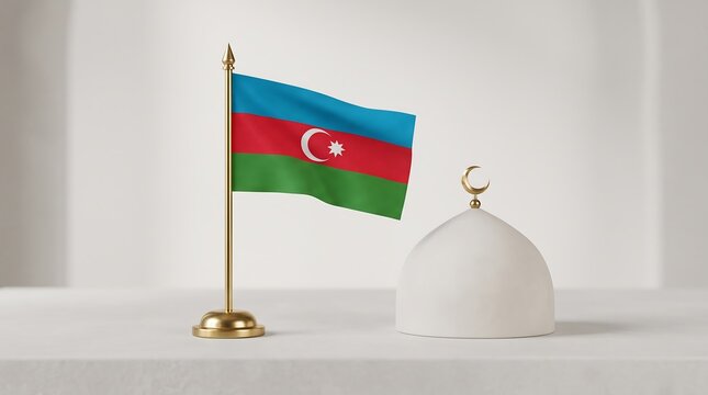 Azerbaijan flag on golden pole with white mosque dome on marble surface representing Islamic culture and national identity in 3D render