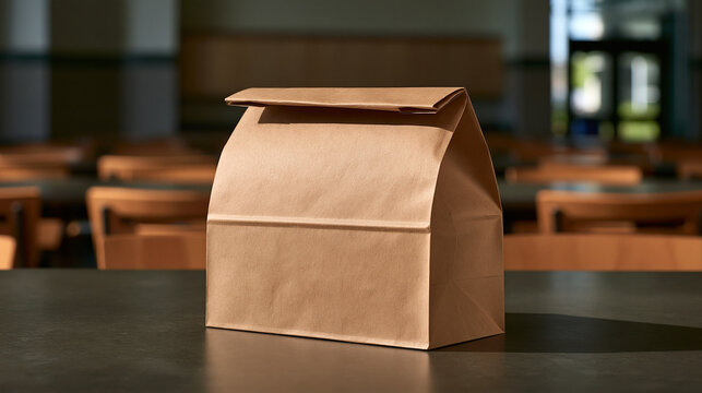 Elegent photo of Closed paper lunch bag sitting on a table in a blurred canteen. Perfect for food delivery and takeout services branding.