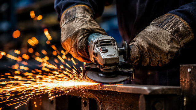 Worker using angle grinder on metal with bright sparks flying in industrial workshop