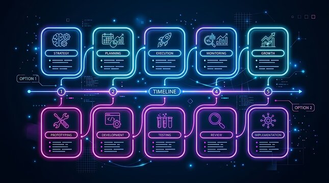 Modern Infographic Timeline Process Diagram Featuring Round Rectangular Comparison Containers With Glowing Neon Outlines On Dark Background Displaying Two Options agenda schedule infographic process