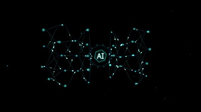Abstract futuristic AI text logo with glowing neural network plexus lines and nodes on dark background animation.