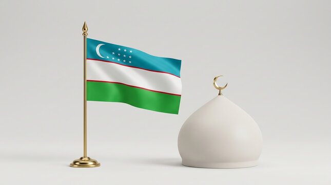 Uzbekistan flag on golden desk pole next to white mosque dome 3D render representing Central Asian Islamic culture and national identity