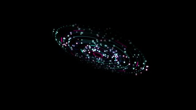 Abstract futuristic glowing cyan and magenta orbital rings with rotating particles on dark background animation.