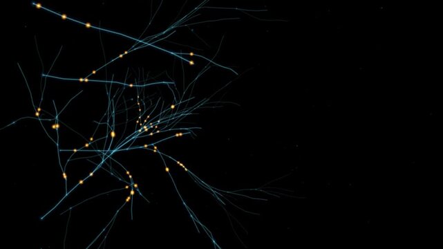 Abstract glowing blue neural network pathways with traveling orange light pulses on dark background animation.