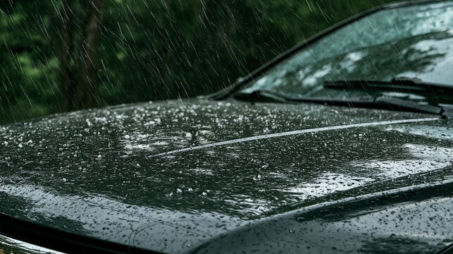 Elegent photo of Hail stones falling on a dark car hood during a summer storm. Represents extreme weather conditions and potential automotive damage for insurance claims.